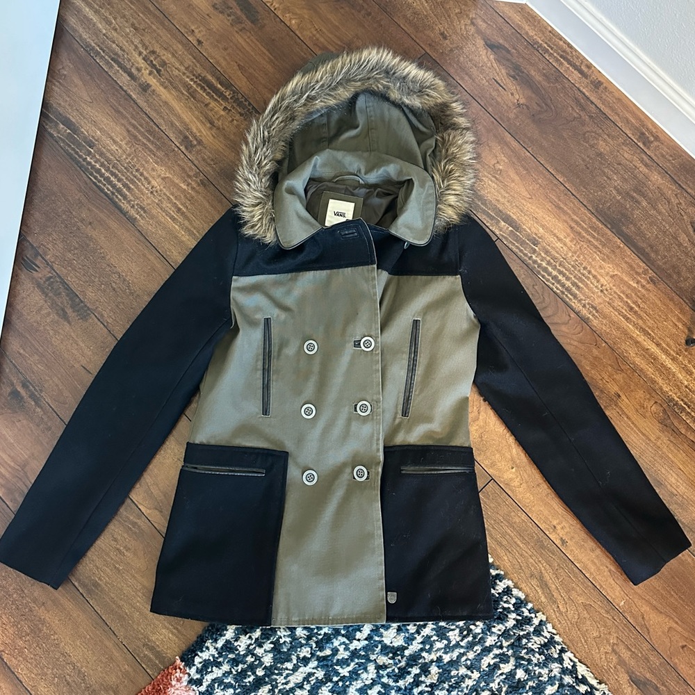 Vans Women olive green and black Wool blend Jacket and Faux Fur Hood